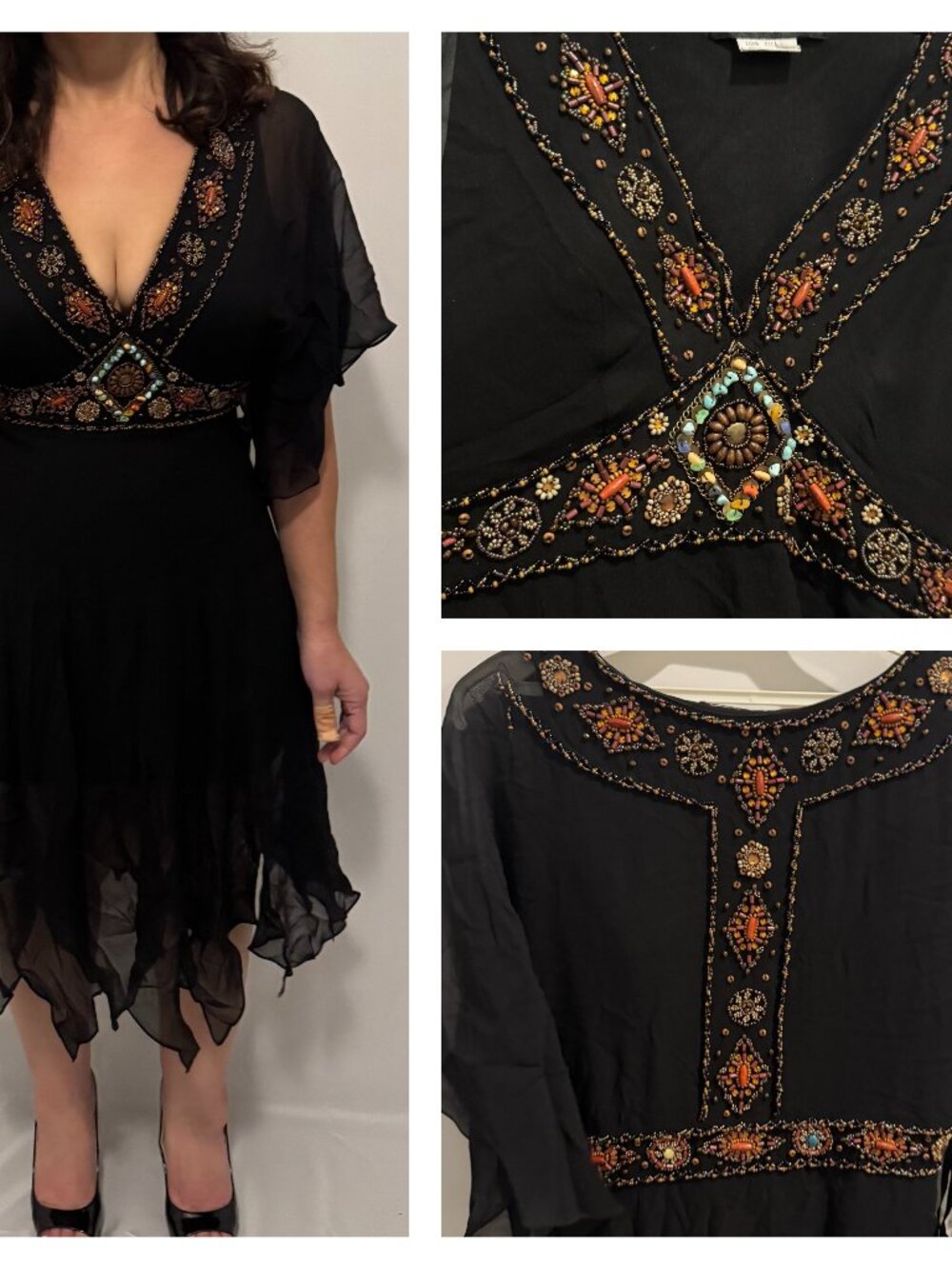 Sue Wong Y2K Black Orange Teal Boho Dress Hand Beaded Evening Cocktail Silk #39